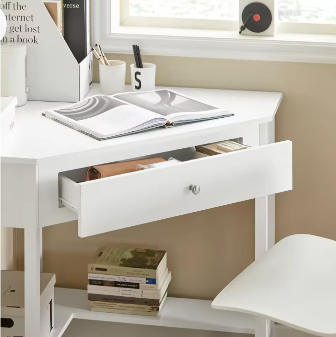 Witte Hoektafel met Lade en Plank – Compact Bureau voor Thuis en Kantoor