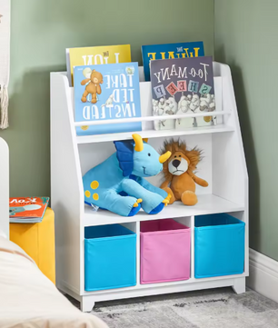 Kinderboekenkast met Opbergvakken en 3 Opbergmanden – Praktische Opbergplank voor Kinderen
