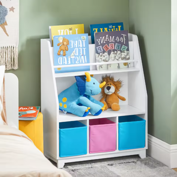 Kinderboekenkast met Opbergvakken en 3 Opbergmanden – Praktische Opbergplank voor Kinderen