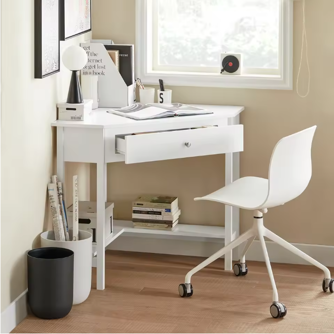 Witte Hoektafel met Lade en Plank – Compact Bureau voor Thuis en Kantoor