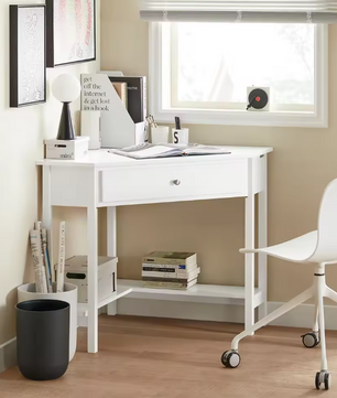 Witte Hoektafel met Lade en Plank – Compact Bureau voor Thuis en Kantoor