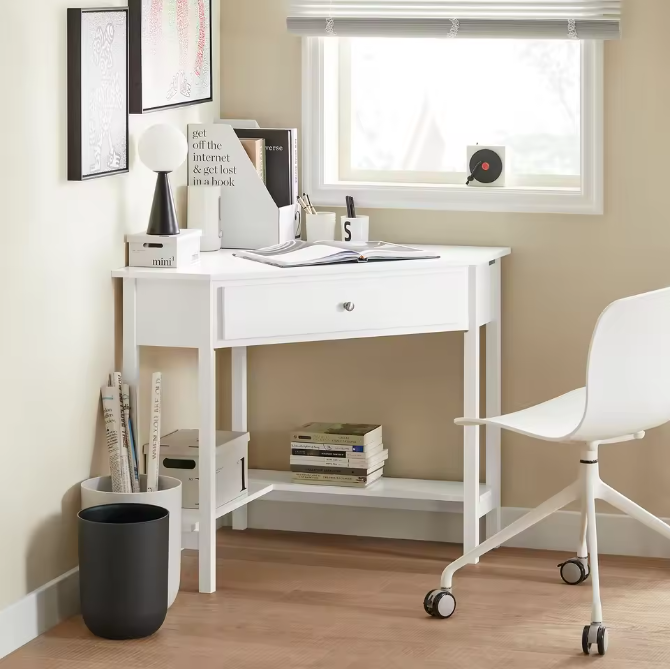Witte Hoektafel met Lade en Plank – Compact Bureau voor Thuis en Kantoor