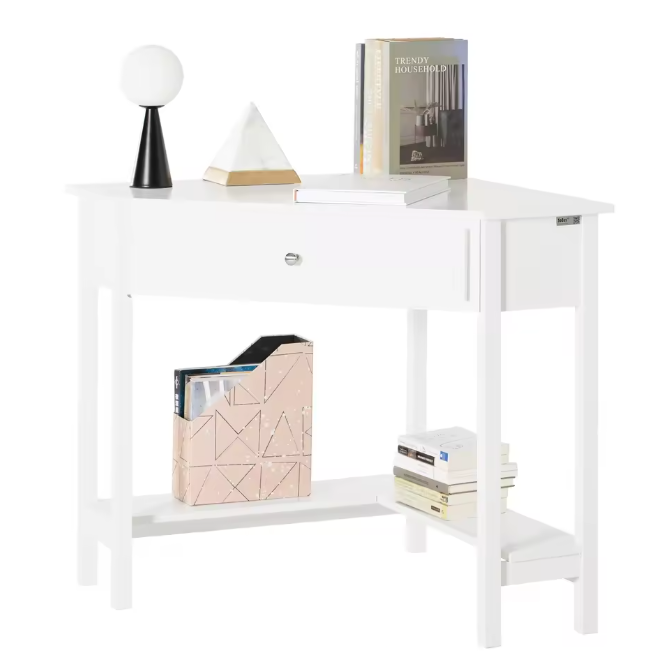 Witte Hoektafel met Lade en Plank – Compact Bureau voor Thuis en Kantoor