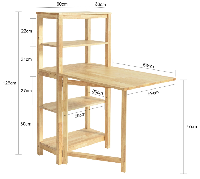 Opvouwbare Eettafel van Rubberhout met Plank – Multifunctionele Houten Klaptafel