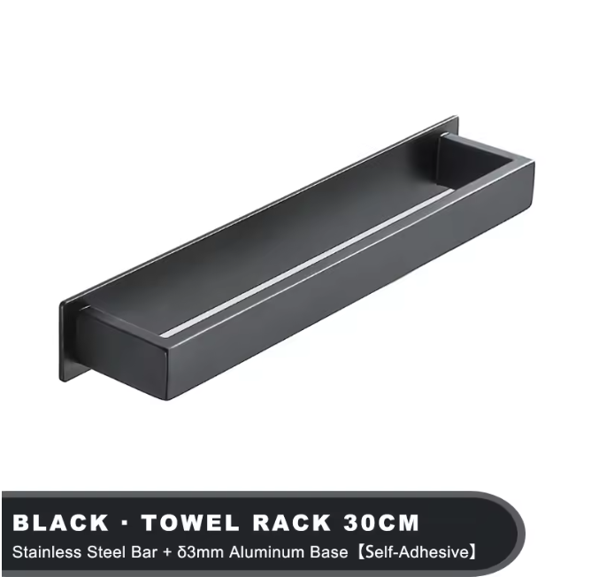 Zwarte Handdoekhouder Zonder Boren – Zelfklevend RVS Handdoekrek voor Badkamer en Keuken