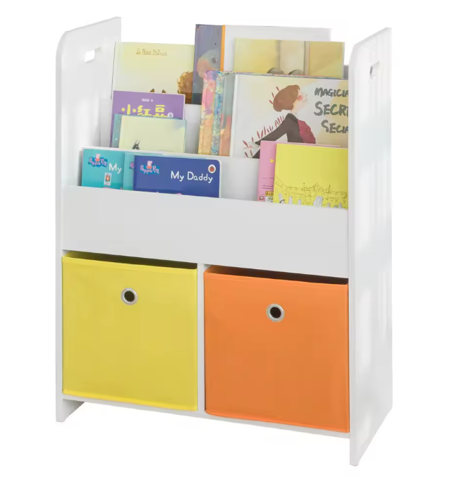 Kinderboekenkast met 3 Opbergvakken en 2 Stoffen Opbergboxen – Boeken- en Speelgoedrek
