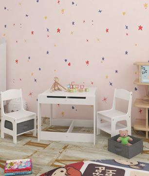 Wit Kinderbureau met 2 Stoelen – Omkeerbaar Tafelblad en Opbergruimte