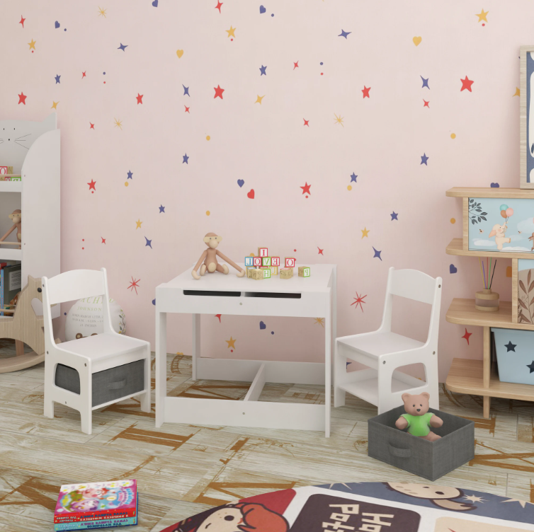 Wit Kinderbureau met 2 Stoelen – Omkeerbaar Tafelblad en Opbergruimte