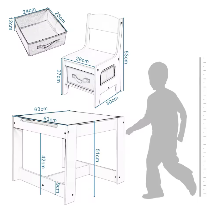Wit Kinderbureau met 2 Stoelen – Omkeerbaar Tafelblad en Opbergruimte