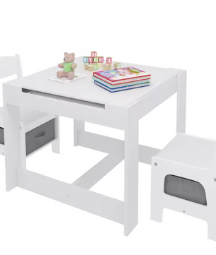 Wit Kinderbureau met 2 Stoelen – Omkeerbaar Tafelblad en Opbergruimte
