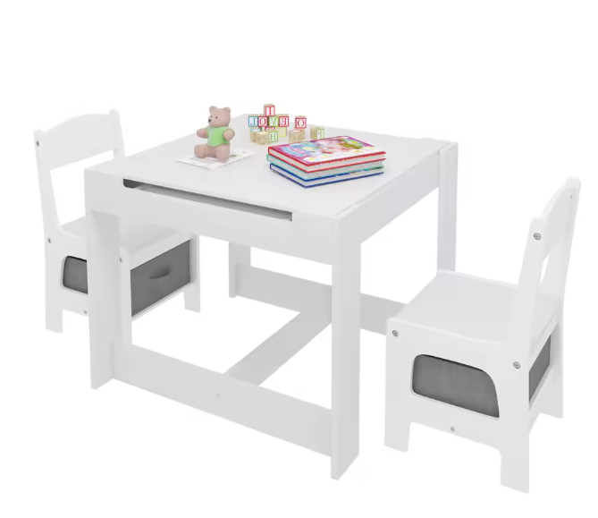 Wit Kinderbureau met 2 Stoelen – Omkeerbaar Tafelblad en Opbergruimte