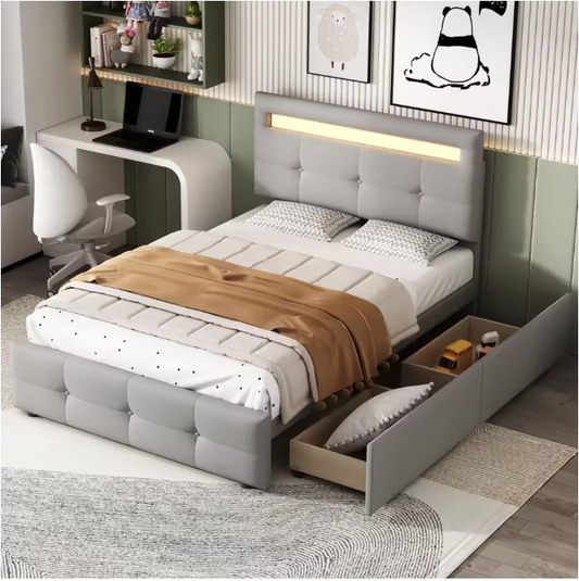 Gestoffeerd Eenpersoonsbed 90 × 200 cm met LED-verlichting en 2 Opbergladen – Linnen Bedframe zonder Boxspring