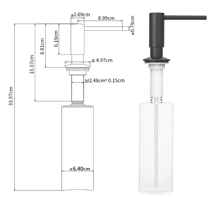 Zwarte Zeepdispenser met Messing Pompkop – Ingebouwde Dispenser voor Keuken en Badkamer