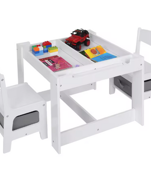 Wit Kinderbureau met 2 Stoelen – Omkeerbaar Tafelblad en Opbergruimte