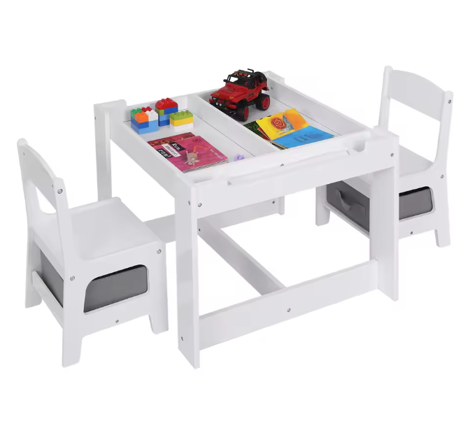 Wit Kinderbureau met 2 Stoelen – Omkeerbaar Tafelblad en Opbergruimte