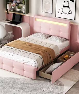 Gestoffeerd Eenpersoonsbed 90 × 200 cm met LED-verlichting en 2 Opbergladen – Linnen Bedframe zonder Boxspring