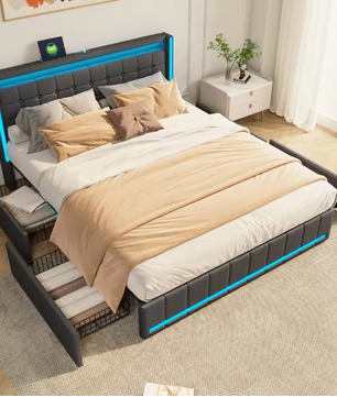 Gestoffeerd Tweepersoonsbed 140 × 200 cm met LED, 4 Lades en USB-Aansluiting
