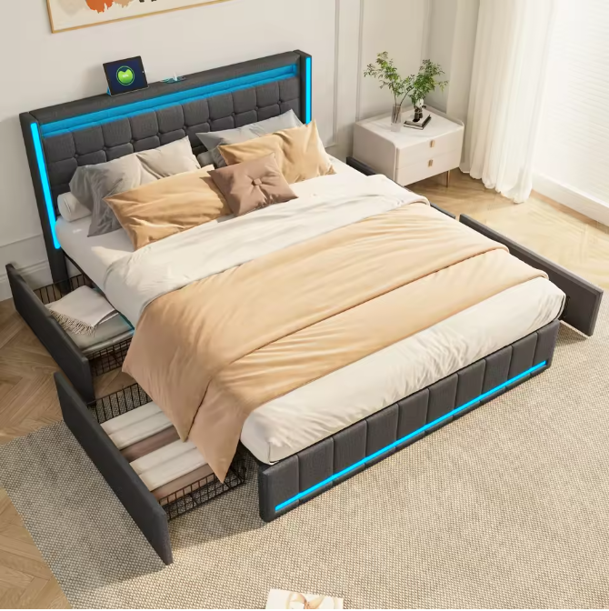 Gestoffeerd Tweepersoonsbed 140 × 200 cm met LED, 4 Lades en USB-Aansluiting