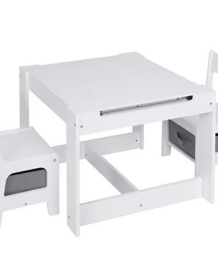 Wit Kinderbureau met 2 Stoelen – Omkeerbaar Tafelblad en Opbergruimte