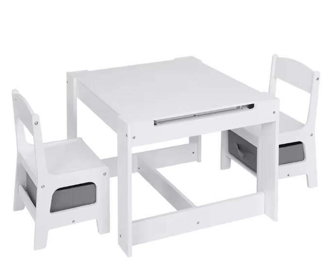 Wit Kinderbureau met 2 Stoelen – Omkeerbaar Tafelblad en Opbergruimte