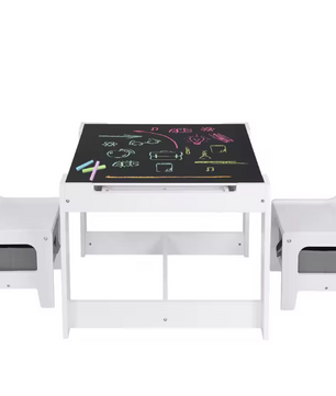 Wit Kinderbureau met 2 Stoelen – Omkeerbaar Tafelblad en Opbergruimte