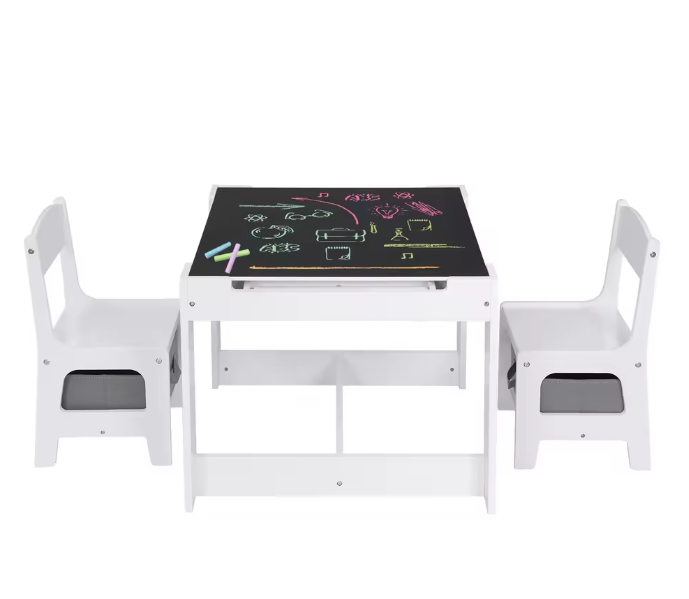 Wit Kinderbureau met 2 Stoelen – Omkeerbaar Tafelblad en Opbergruimte