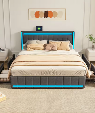 Gestoffeerd Tweepersoonsbed 140 × 200 cm met LED, 4 Lades en USB-Aansluiting