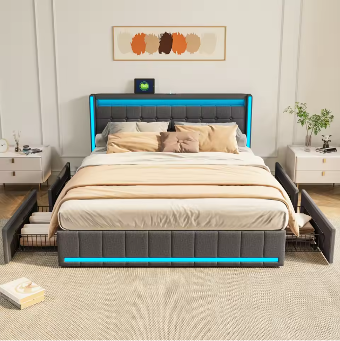 Gestoffeerd Tweepersoonsbed 140 × 200 cm met LED, 4 Lades en USB-Aansluiting