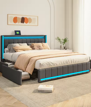 Gestoffeerd Tweepersoonsbed 140 × 200 cm met LED, 4 Lades en USB-Aansluiting