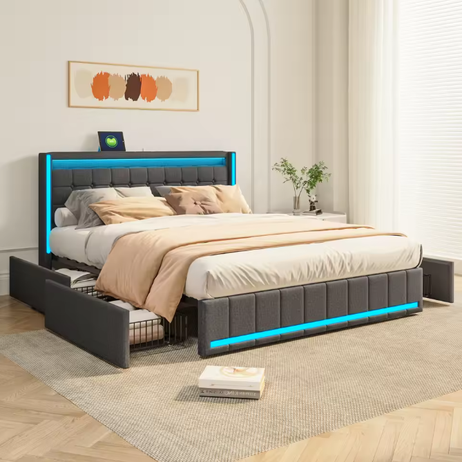 Gestoffeerd Tweepersoonsbed 140 × 200 cm met LED, 4 Lades en USB-Aansluiting