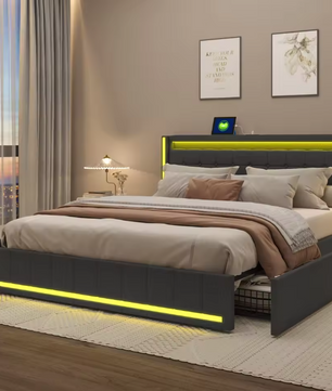 Gestoffeerd Tweepersoonsbed 140 × 200 cm met LED, 4 Lades en USB-Aansluiting
