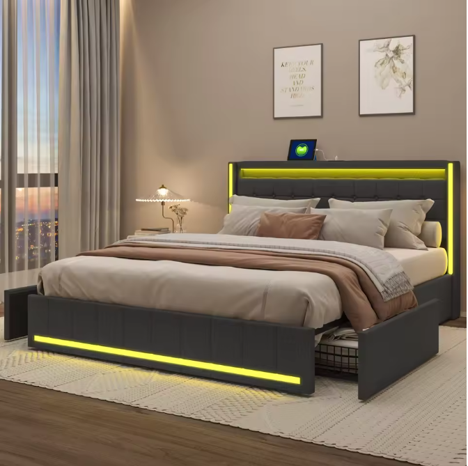 Gestoffeerd Tweepersoonsbed 140 × 200 cm met LED, 4 Lades en USB-Aansluiting