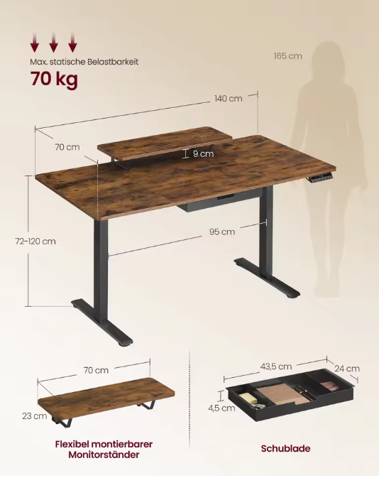 Elektrisch In Hoogte Verstelbaar Bureau met Monitorstandaard en Lade