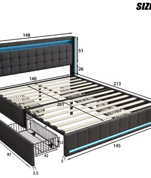 Gestoffeerd Tweepersoonsbed 140 × 200 cm met LED, 4 Lades en USB-Aansluiting