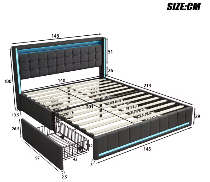 Gestoffeerd Tweepersoonsbed 140 × 200 cm met LED, 4 Lades en USB-Aansluiting