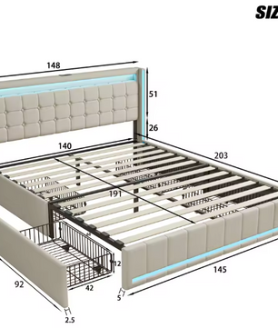Gestoffeerd Tweepersoonsbed 140 × 200 cm met LED, 4 Lades en USB-Aansluiting