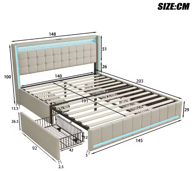 Gestoffeerd Tweepersoonsbed 140 × 200 cm met LED, 4 Lades en USB-Aansluiting