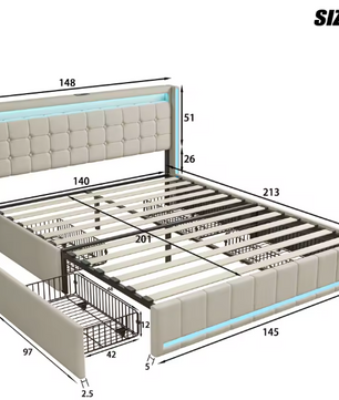 Gestoffeerd Tweepersoonsbed 140 × 200 cm met LED, 4 Lades en USB-Aansluiting