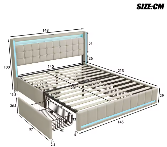 Gestoffeerd Tweepersoonsbed 140 × 200 cm met LED, 4 Lades en USB-Aansluiting