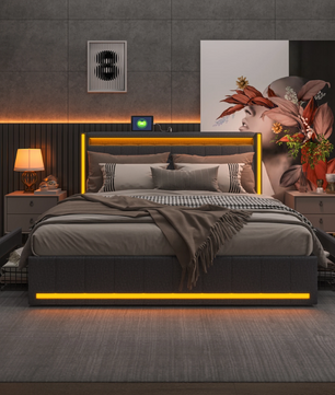 Gestoffeerd Tweepersoonsbed 140 × 200 cm met LED, 4 Lades en USB-Aansluiting