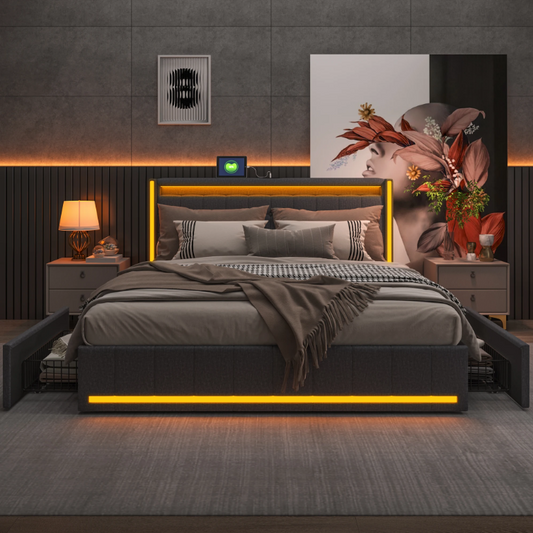 Gestoffeerd Tweepersoonsbed 140 × 200 cm met LED, 4 Lades en USB-Aansluiting