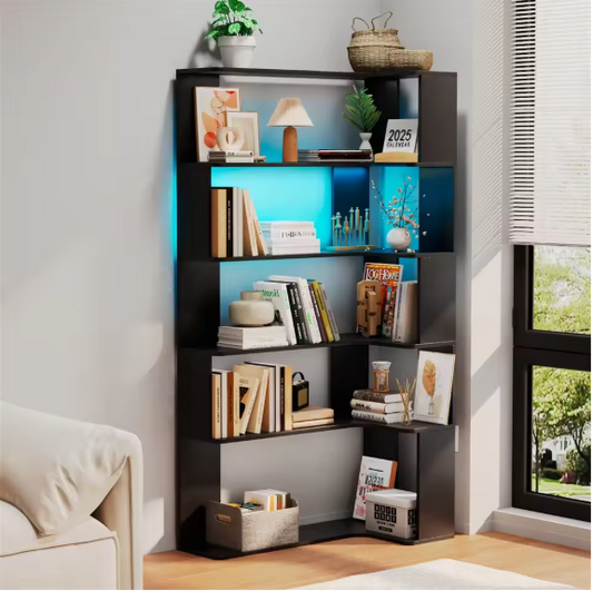 5-Laags Hoekboekenkast met LED-Lichtstrip – Ruimtebesparende Open Opbergplank