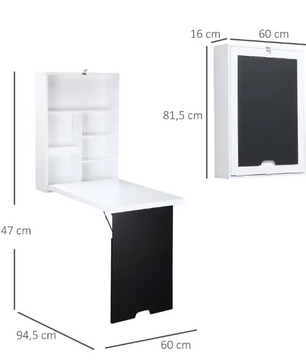 Wandgemonteerd Opklapbaar Bureau met Whiteboard en 5 Opbergvakken – Ruimtebesparend Thuiskantoor