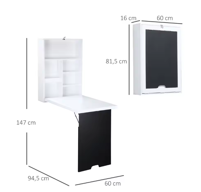 Wandgemonteerd Opklapbaar Bureau met Whiteboard en 5 Opbergvakken – Ruimtebesparend Thuiskantoor