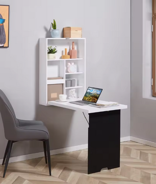 Wandgemonteerd Opklapbaar Bureau met Whiteboard en 5 Opbergvakken – Ruimtebesparend Thuiskantoor