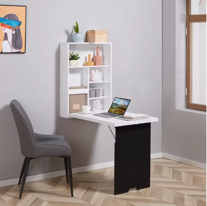 Wandgemonteerd Opklapbaar Bureau met Whiteboard en 5 Opbergvakken – Ruimtebesparend Thuiskantoor