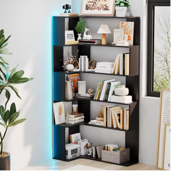5-Laags Hoekboekenkast met LED-Lichtstrip – Ruimtebesparende Open Opbergplank