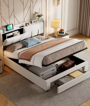 Tweepersoonsbed 160 × 200 cm met Opbergruimte, LED en USB – Gestoffeerd Bedframe