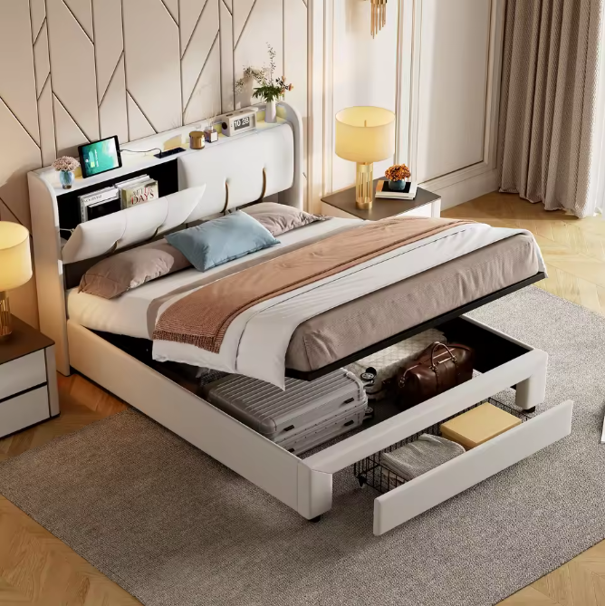 Tweepersoonsbed 160 × 200 cm met Opbergruimte, LED en USB – Gestoffeerd Bedframe