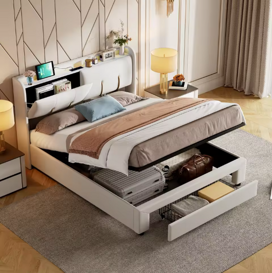 Tweepersoonsbed 160 × 200 cm met Opbergruimte, LED en USB – Gestoffeerd Bedframe